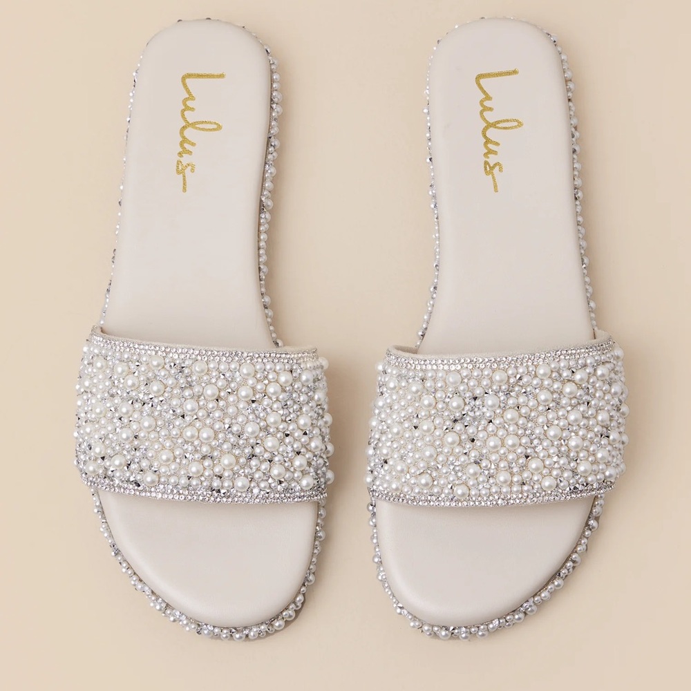 Lulus Capricia Ivory Pearl Rhinestone Slide Sandals White - Size 7.5